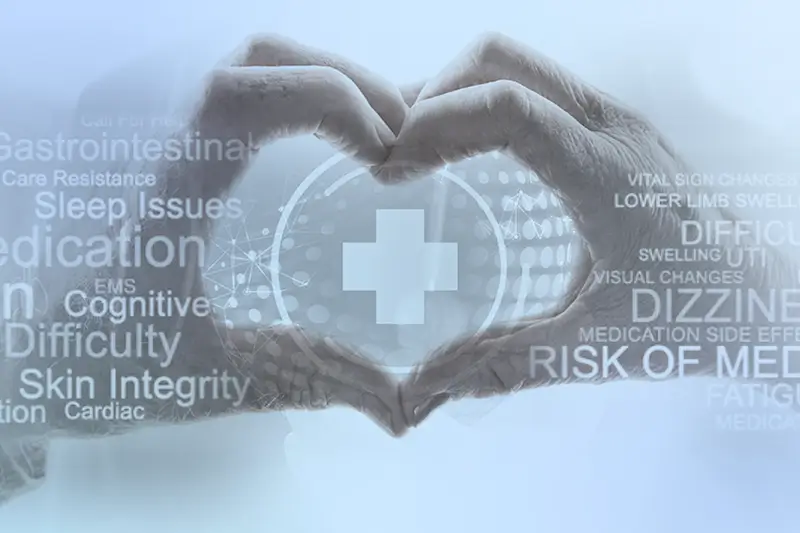 A collage of a pair of elderly hands making the shape of a heart with numerous medical-related phrases written over them such as: dizziness, cognitive difficulty, skin integrity, sleep issues, etc.