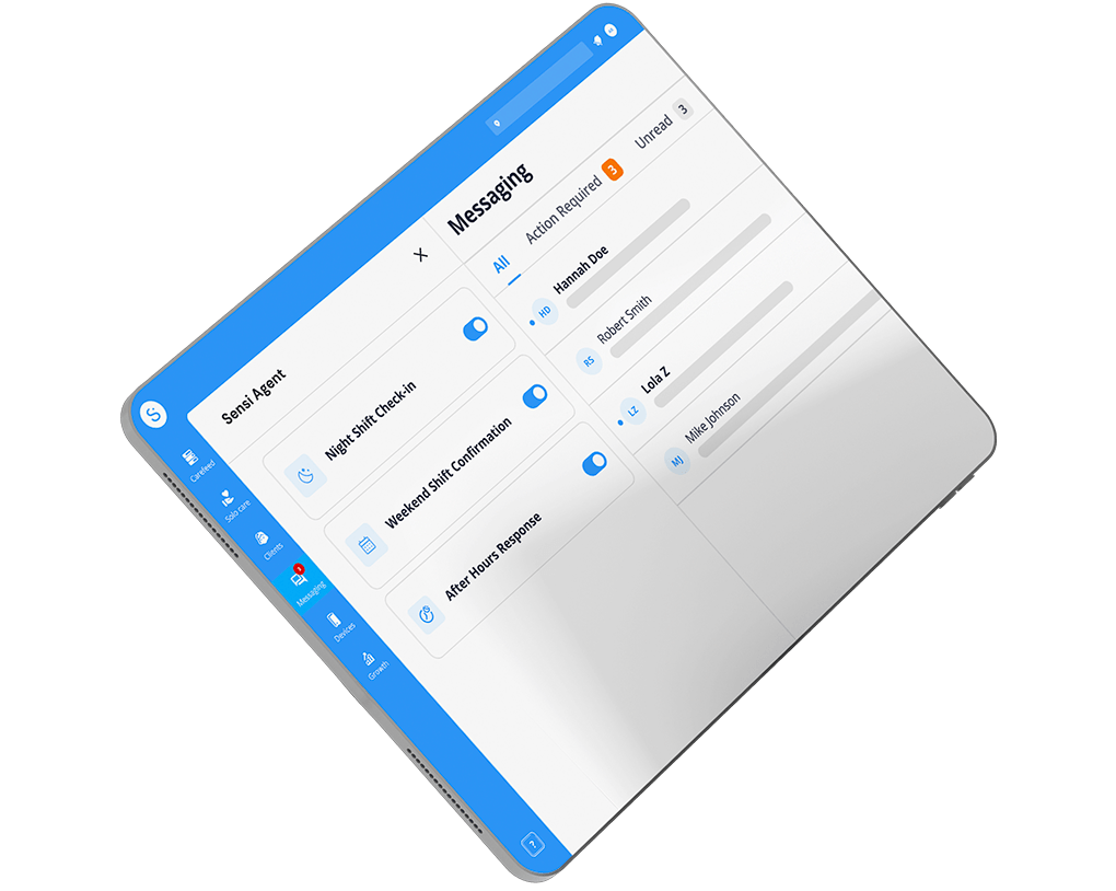Sensi operations dashboard showing caregiver scheduling and alerts